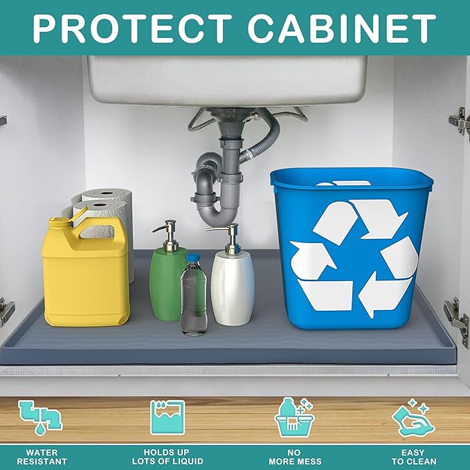 URMONA Waterproof Silicone Under Sink Mat 40'' x 22'' Shelf Liner for Kitchen and Bathroom, Cabinet and Counter Protector, Storage and Organizers, Litter Mat, Pet Cat Puppy Essentials(Green)