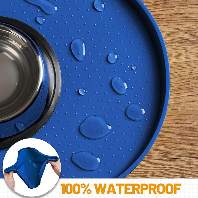 Hubulk 100% Waterproof Silicone Pet Feeding Mat with Raised Edge for Food and Water, Dog Bowl Mats, Cat Bowls Placemat with High Lip Protects Floor for Cats and Dogs (Navy Blue, 16" L x 10" W)
