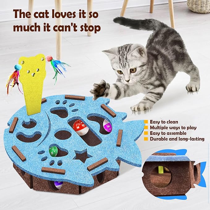 Interactive Felt Cat Maze Box with Cartoon Cat-Shaped Post, Fish-Shaped Puzzle ExerciseHide Seek Moving Toy for Cats, Mental Enrichment Self-Play Toy Encourages Hunting Instincts with 4 Balls