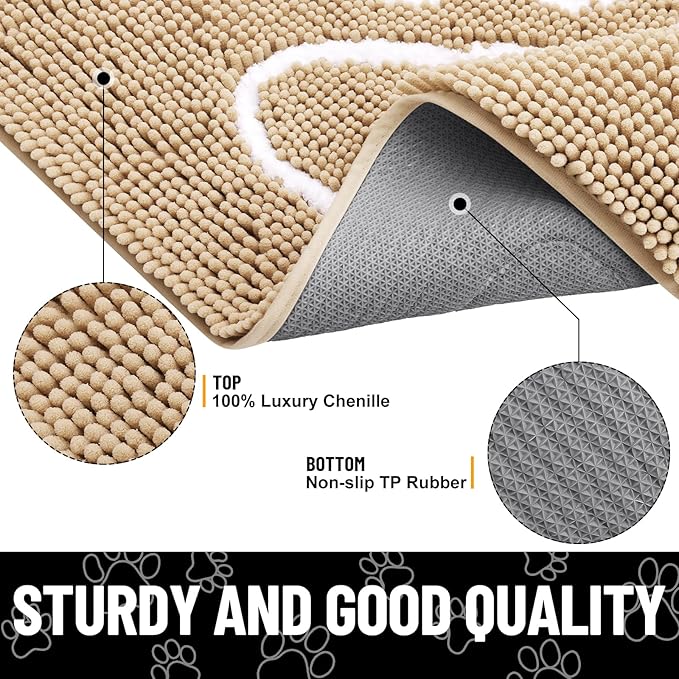 Smiry Dog Door Mat for Muddy Paws, Absorbent Dirt Trapper Non Slip Quick Dry Washable Chenille Mat for Mud Dogs, Entry Rug for Indoor and Outdoor (30x20 Inches, Beige and White)