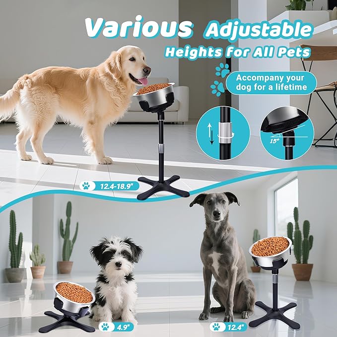 Elevated Dog Bowl, Adjustable Stand Heights and Width, Non-Slip Foot Mats, Tilting Raised Dog Bowls with Metal Knob for Small, Medium and Large Dogs Breed (2 Pack), Black