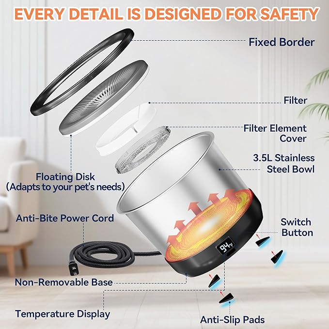 3.5L Heated Water Bowl, Stainless Steel Heated Dog Bowl with Digital Display and Adjustable Temperature, Heated Outdoor Pet Water Bowl Provides Warm Water for Dogs
