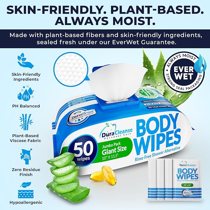 Dura Cleanse Body Wipes for Adults - Everyday Clean (Instant Fresh) - 1 Pack (54 Wipes), XL No-Rinse Bathing Wipes, Disposable Washcloths, Waterless Shower Alternative for Camping & Elderly Care