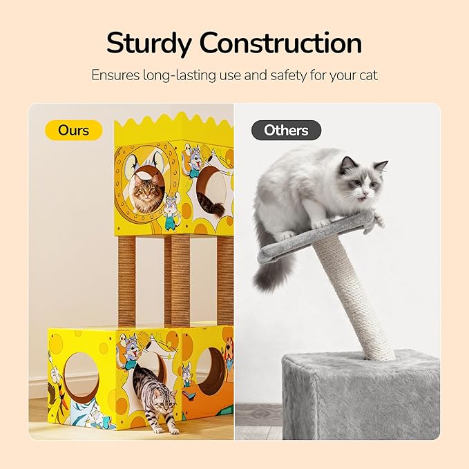 DIY Cat Tree, Multi-Level Cat Tower with Scratching Posts, Scratching Board, Tunnel & Playhouse for Kittens & Multiple Cats, Recyclable Cardboard, 48.8"×25"×40.2", Yellow Mouse