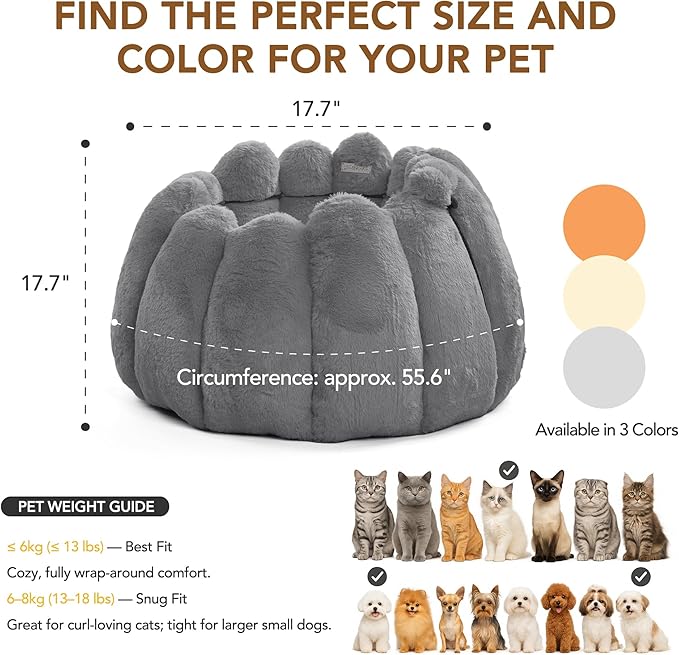 PETNOVO Pumpkin Calming Cat Bed,Plush Donut Cuddler with High Bolster,Ultra Soft Bunny Plush,Oeko‑TEX,Non-Slip Pet Nest,for Indoor Cats up to 13 lbs & Small Dogs,20Lx20Wx12H Inch,Grey