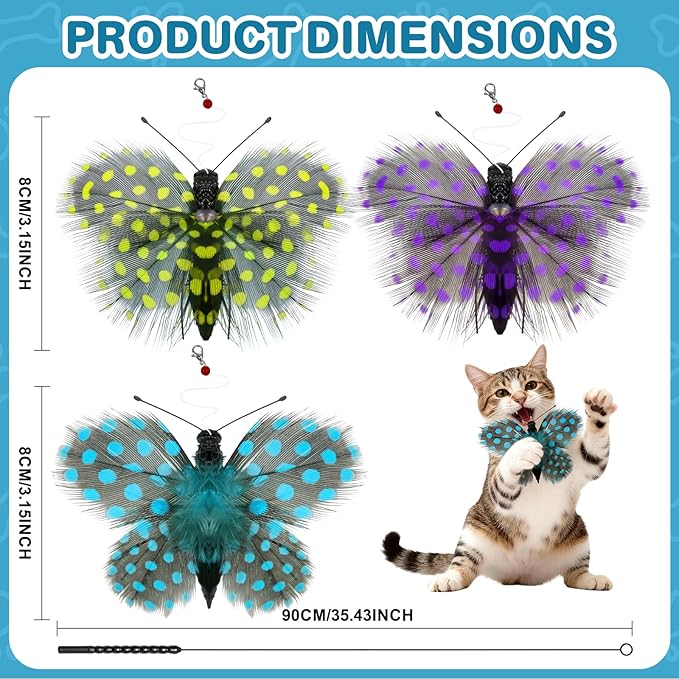 Walfront Interactive Cat Wand Toy with Feather & Butterfly Attachments, Cat Toys for Indoor Cats and Kittens, Replaceable Teaser Heads, Bright Colors, Durable Wand, Boosts Hunting Instinct & Exercise