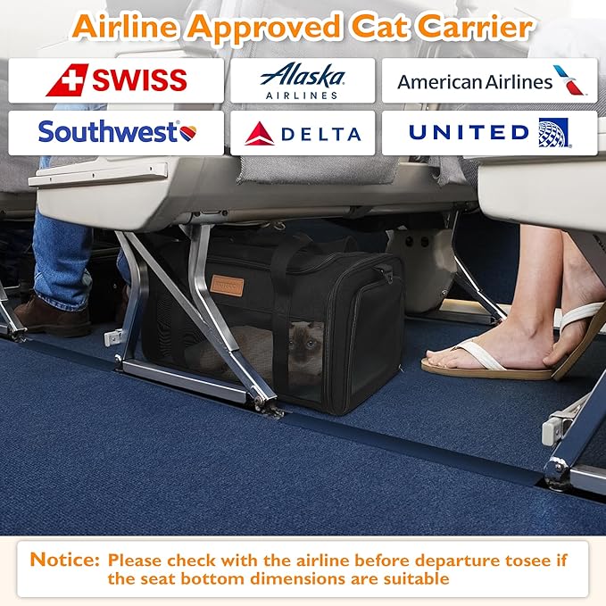 PETUX Cat Travel Carrier with Litter Box - 17"x11"x9.5", TSA Airline Approved, Underseat, Soft Sided Pet Carrier for Small Cats Under 12 lb with Safety Zipper, Anti-Scratch Mesh - Black