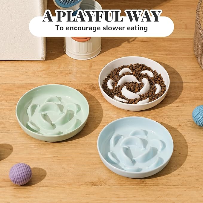 Melamine Cat Slow Feeder Bowl - Pastel Series Cat Plate for Dry and Wet Food - Cute Maze Feeder Dish for Healthy Eating - Dishwasher Safe - 6.3''W x 1.2''H - 7 OZ - Ivory White