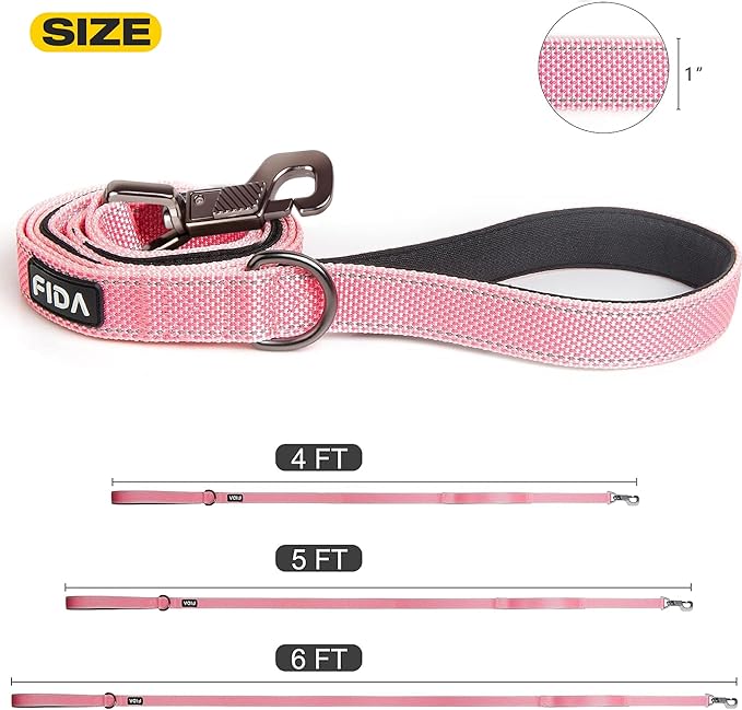 Fida 6 FT Heavy Duty Dog Leash with 2 Comfortable Padded Handles, Traffic Handle & Advanced Easy Snap Hook, Reflective Walking Lead for Large, Medium & Small Breed, Pink