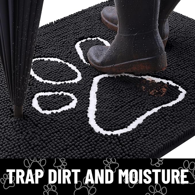 Smiry Dog Door Mat for Muddy Paws, Absorbent Dirt Trapper Non Slip Quick Dry Washable Chenille Mat for Mud Dogs, Entry Rug for Indoor and Outdoor (59x35 Inches, Black and White)