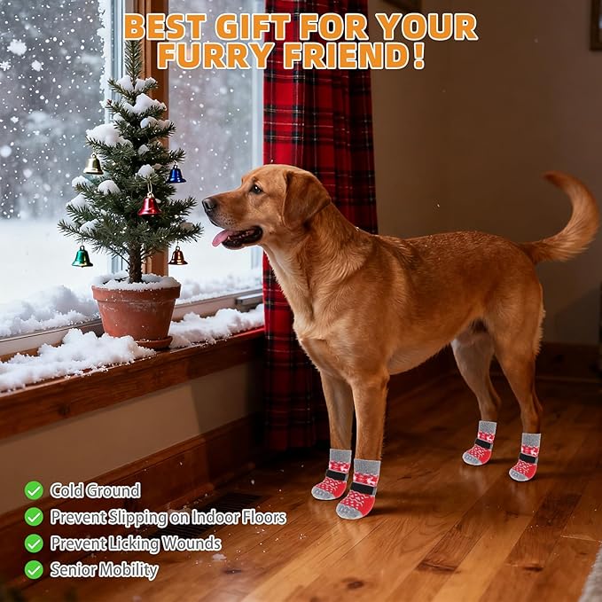 KOOLTAIL Dog Socks to Prevent Licking Paws, Dog Christmas Outfit Shoes for Winter Snow Pavement, Warm Fleece Pet Boots & Paw Protector for Hardwood Floors Anti Slip, Small Medium Large Size, Red S