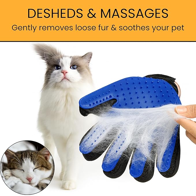 Pet Grooming Glove & Hair Remover Mitt [2 Piece Combo Set] -Deshedding Brush & Fabric Lint Remover for Cats & Dogs – Gentle Massage, Easy Hair Removal from Furniture & Clothes