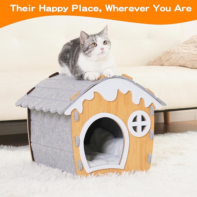 Giant Cat House for Indoor Cats, Cat Bed Cave,Soft and Comfortable,Cute Cat Tunnel House,with Removable Washable Cushioned Pillow,Pet Hideaway Shelter(15.7 * 15.7 * 19in)