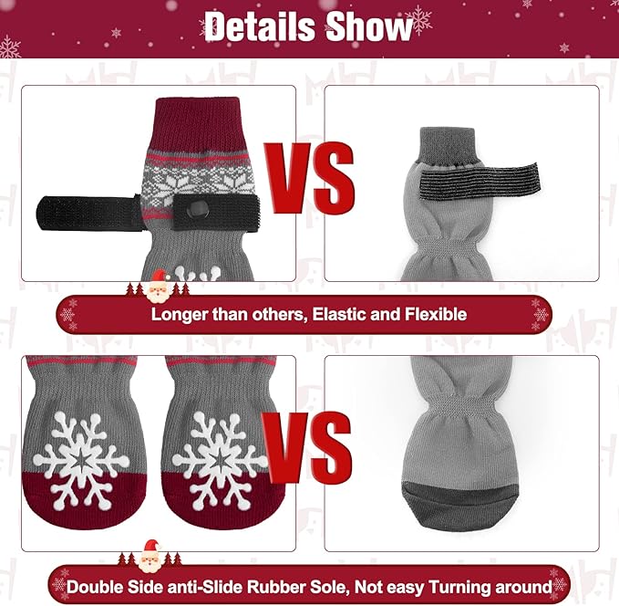 BEAUTYZOO Christmas Winter Anti-Slip Dog Socks with Grips Traction Control for Small Medium Large Dogs, Non Skid Indoor Double Side Pet Paw Protector for Hardwood Floor Wear, Snowflake