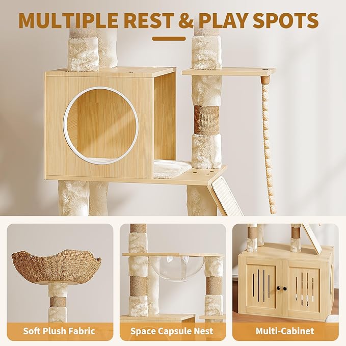 Cat Tree, 66.9-Inch Cat Tower with Litter Box Enclosure, Large Condo with Food Station, Storage, Scratching Posts, Hammock, Washable Cushions