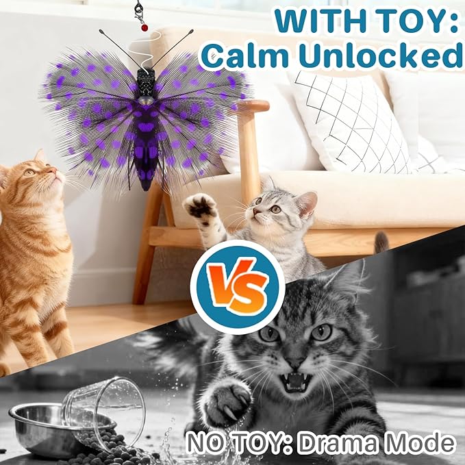 Walfront Interactive Cat Wand Toy with Feather & Butterfly Attachments, Cat Toys for Indoor Cats and Kittens, Replaceable Teaser Heads, Bright Colors, Durable Wand, Boosts Hunting Instinct & Exercise