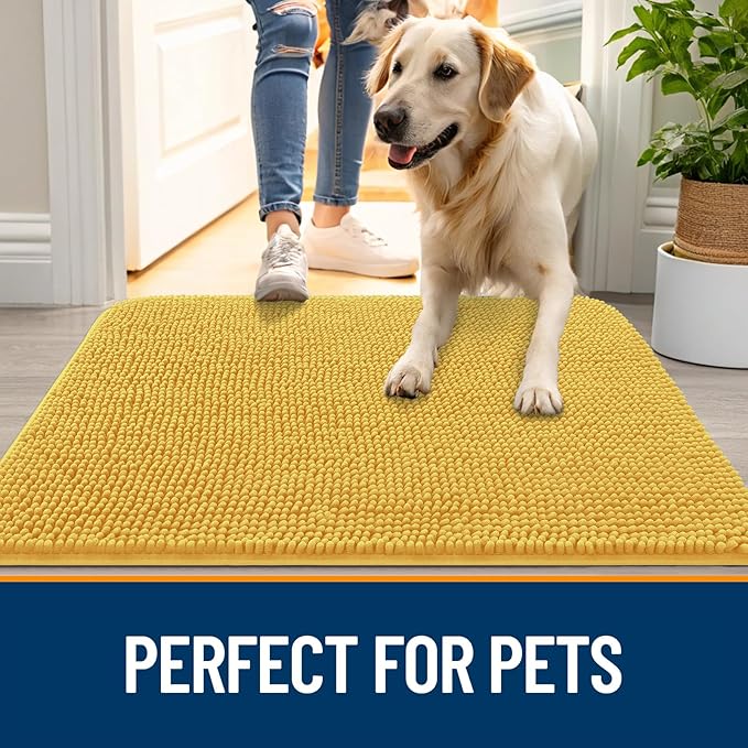 OLANLY Dog Door Mat for Muddy Paws 40x32, Absorbs Moisture and Dirt, Absorbent Non-Slip Washable Doormat, Quick Dry Chenille Mud Mat for Dogs, Entry Indoor Entryway Carpet for Inside Floor, Yellow