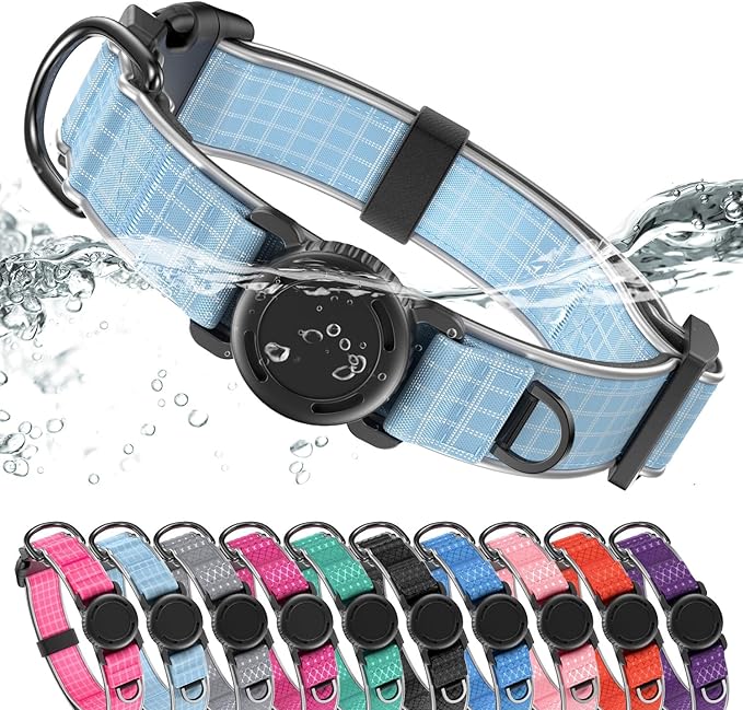 WhoseID Airtag Dog Collar | with Waterproof Air Tag Holder | QR Code Pet ID |Durable Comfortable Oxford Padded | Reflective Collar | for Outdoor Medium Dogs(Blue2,M,13''~19'')