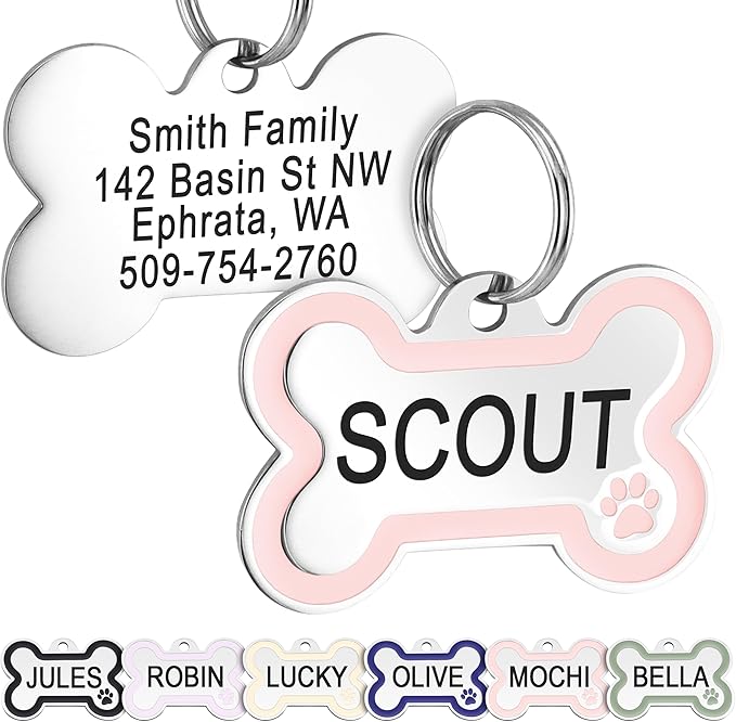 GoTags Stainless Steel Pet ID Bone Round and Heart Shaped Tags with Enamel Paw Design, Personalized Dog and Cat Tags, up to 5 Lines of Custom Text, Engraved on Both Sides (Rose, Small Bone)