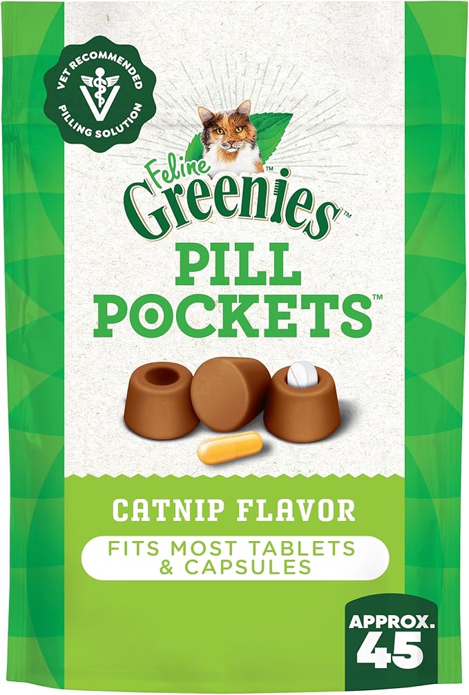 Greenies Feline Pill Pockets for Cats Natural Soft Cat Treats, Catnip Flavor, 1.6 oz. Pouch (45 Treats)