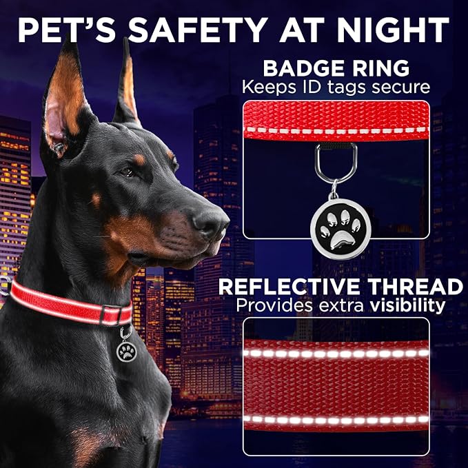 TECEUM Reflective Dog Collar – Red – XXS – Extra Soft Padding – Basic Nylon Pet Collar – Quick Release Buckle – Fits Small, Medium and Large Dogs, Puppies, Cats – ESA & Service Dog Options