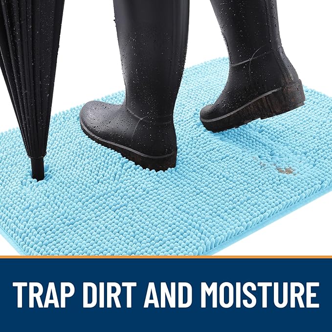 OLANLY Dog Door Mat for Muddy Paws 30x20, Absorbs Moisture and Dirt, Absorbent Non-Slip Washable Doormat, Quick Dry Chenille Mud Mat for Dogs, Entry Indoor Entryway Carpet for Inside Floor, Blue