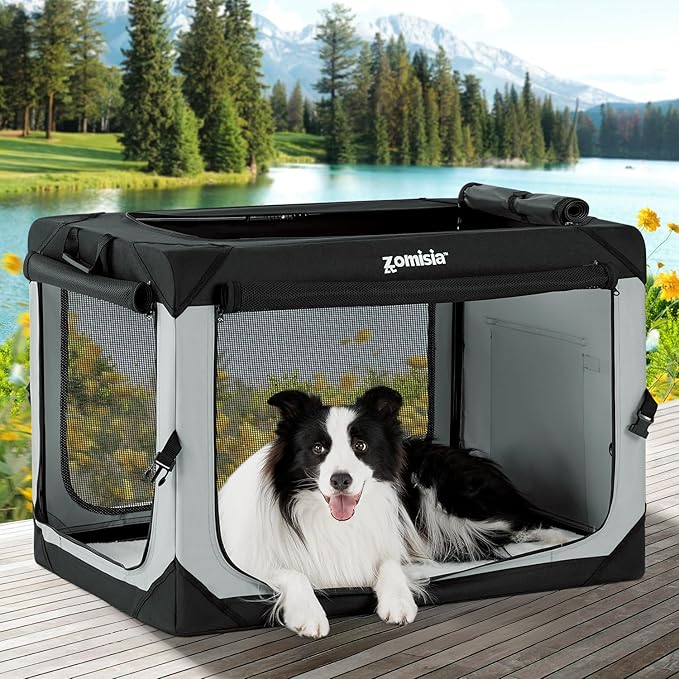 ZOMISIA 36 Inch Collapsible Dog Crate for Large Dogs - Portable Dog Travel Crate Soft Sided with Breathable Mesh Windows, Foldable Dog Kennel for Indoor and Outdoor, Grey