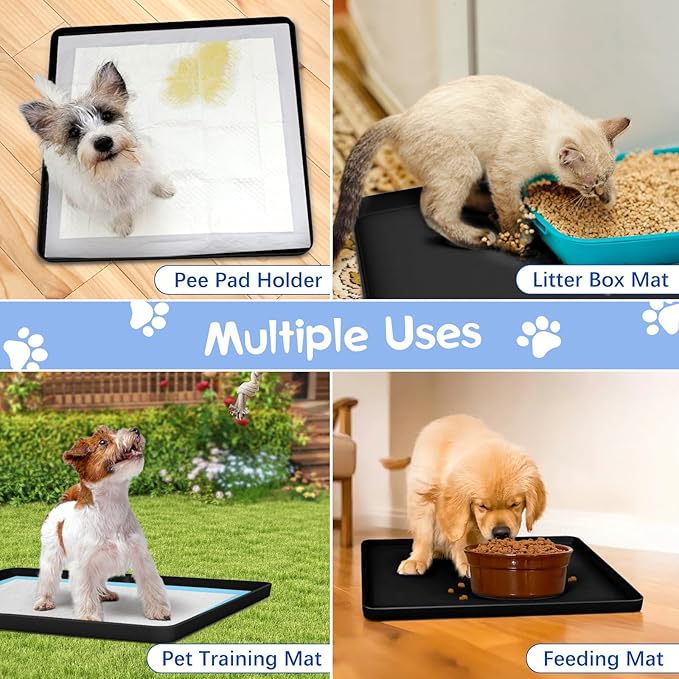 Pee Pad Holder for Dog, 24" × 24" Puppy Pad Holder with Clamps, Raised Edges Leak-Proof Dog Pee Pads Holders, Waterproof Silicone Potty Pads for Dogs, Easy to Clean Indoor, Black