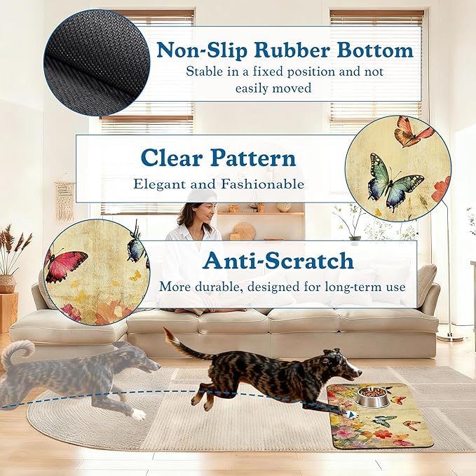 Vintage Butterfly Floral Pet Food Mat for Cats and Dogs–Christmas Stocking Absorbent Quick Dry Feeding Placemat, Non Slip Rubber Base, Waterproof Bowl Mat for Indoor Use, Pet Supplies 12"x20"