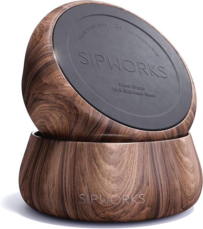 Sipworks Stainless Steel Dog Bowl – 32oz Weighted Metal Food and Water Bowls for Dogs and Cats with Non-Slip Base - Pet Bowls for All Breeds Sizes for Travel & Outdoor Play - Mahogany