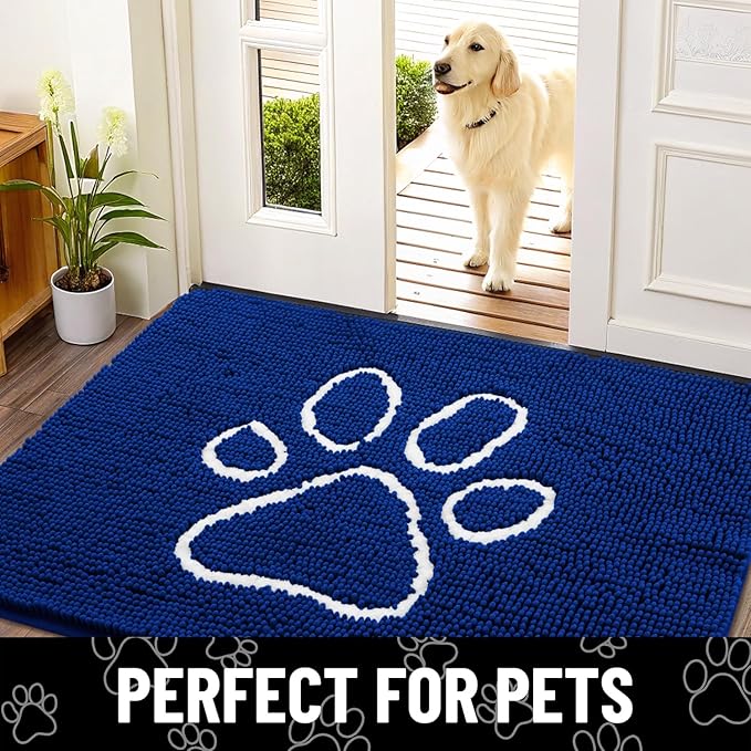 Smiry Dog Door Mat for Muddy Paws, Absorbent Dirt Trapper Non Slip Quick Dry Washable Chenille Mat for Mud Dogs, Entry Rug for Indoor and Outdoor (36x24 Inches, Royal Blue and White)
