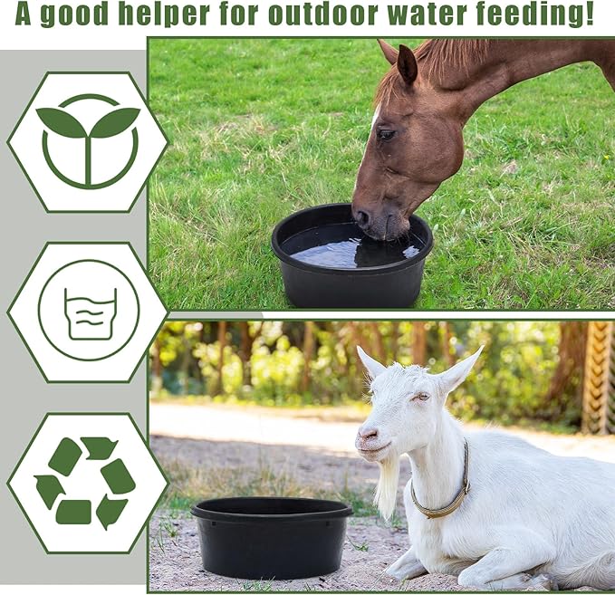 Sadnyy 4 Pcs 1 Gallon/4 Quart Rubber Feeder Pan, Horse Feed Bucket Utility Rubber Bowl 10.6 x 4.1 Inch Horse Feeder Chicken Dust Bath Stackable Livestock Feed Bowl for Pig Goat Chicken Dog Farm Animal