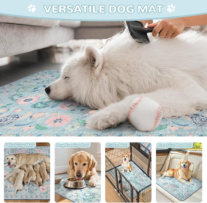 Lahome Washable Reusable Pee Pads for Dogs - Blue Botanical Floral 2 Pack Puppy Pads, Super Absorbent & Waterproof Dog Training Mats for Potty & Crate - Leakproof with Non-Slip Backing (36"x48")