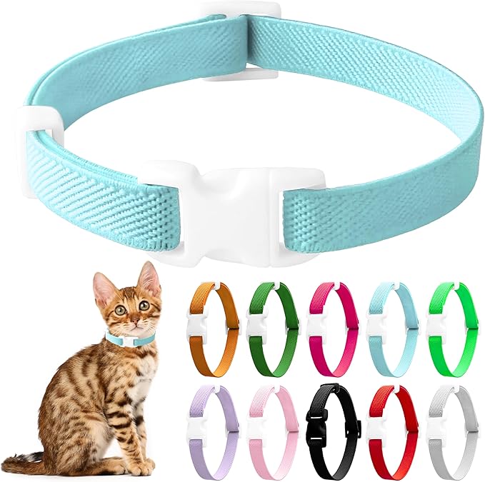 Elastic Cat Collar, Stretch Cat Collar Quick Release, Bright Colors Safety Kitten Collar Adjustable Collar for Kittens, Lightweight Soft Polyester Collars for Boy Girl Cats (Lightblue,M)
