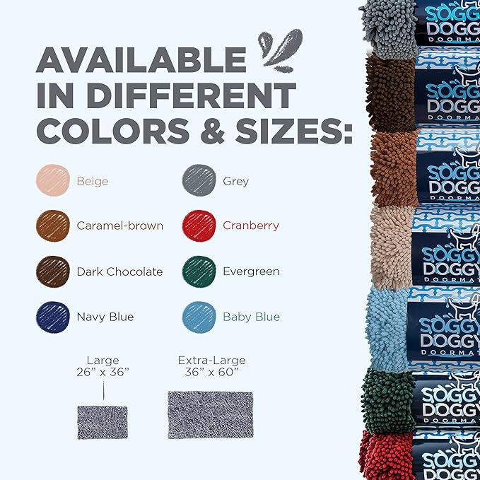 Soggy Doggy Doormat Plain Solid Color Design - Ultra Absorbent Microfiber Chenille Wet Dog Mat for Muddy Paws - Non-Slip and Machine Washable (Grey, Large 26” x 36”)