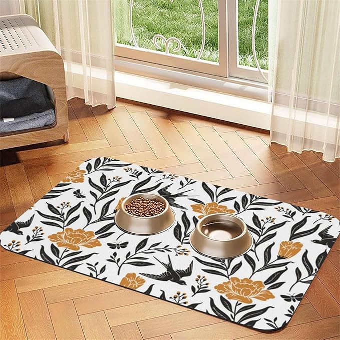 Dog Food Mat for Floors Absorbent,Quick Dry Cat Pet Feeding Placemats with Non Slip Rubber for Dog Food and Water Bowl, Pet Supplies for Dogs, Cats(30x45cm,Bohemian Floral with Birds)
