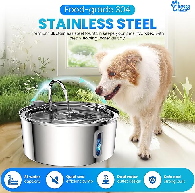 Stainless Steel Dog Water Fountain, 8L Large Automatic Water Dispenser for Cats, Dogs & Other pet, Quiet Filtered Fountain with Dual Outlets, USB Power Base for Home Use