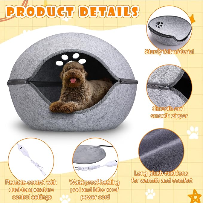 Heated Cat Bed, Indoor Heated Cat Cave, Warmer Thermal Pet Bed with Removable Waterproof Heater for Kitty Small Dogs Gray(19.7X 17.8 x 13 Inches)