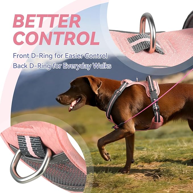 VIVAGLORY Dog Harness Easewalk No Pull Dog Harness with Handle & Front Back Clip for Training Lifting, Easy On Adjustable Padded No Pull for Pet & Puppy, L, Sakura Pink
