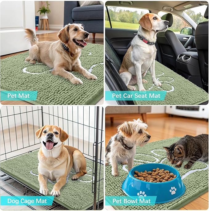 OLANLY Dog Door Mat for Muddy Paws 70x46, Paw Print Design, Absorbs Moisture and Dirt, Non-Slip Washable Doormat, Quick Dry Chenille Mud Mat for Dogs, Entry Indoor Entryway Carpet, Sage Green