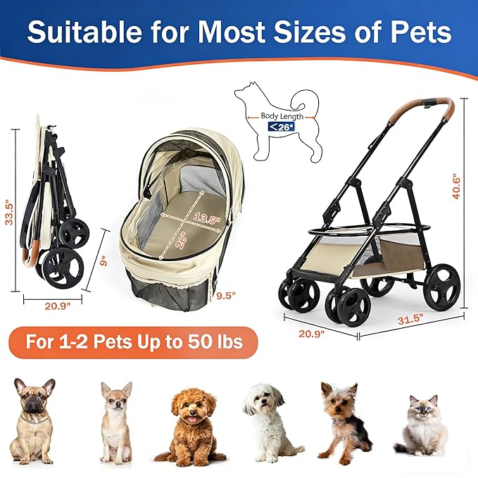 4 Wheels Pet Stroller for Small/Medium Dogs and Cats with Detachable Carrier and Storage Basket,One Click Folding, Compact Portable,3 in1 Multifunctional (Grey)