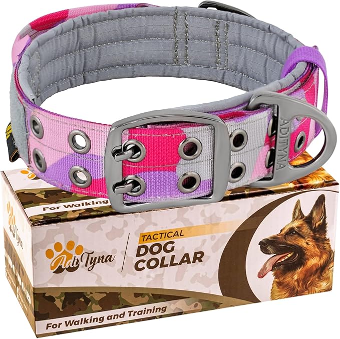ADITYNA Heavy Duty Dog Collar for Medium Dogs - Camo Pink Purple Collar with Handle for Training, and Walking - Wide, Thick, Tactical, Soft Neoprene Padded