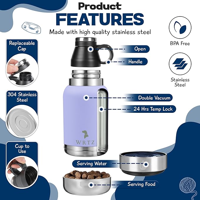 WRTZ Portable Dog Water Bottle with 2 Removable Water Bowls for Dogs – Leak-Proof Insulated Stainless Steel Dog Water Bottle – Travel Accessories for Dogs - 32oz - Lavender