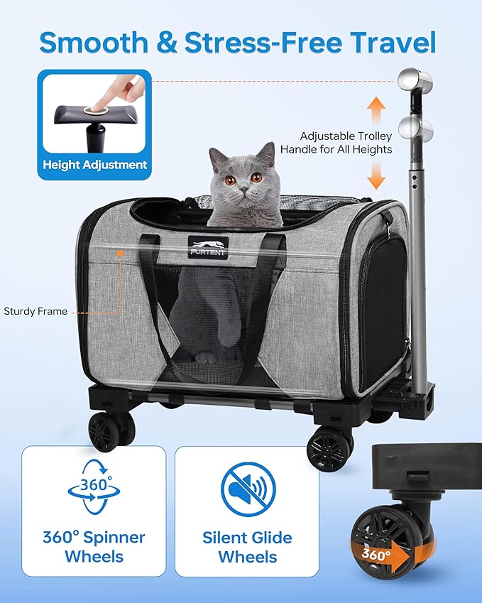 Pet Carrier with Removable Wheels American Airline Approved, Rolling Cat Carrier with Telescopic Handle and Shoulder Strap, Breathable Soft-Sided Carrier with Locking Zipper for Small Cats Dogs(Grey)