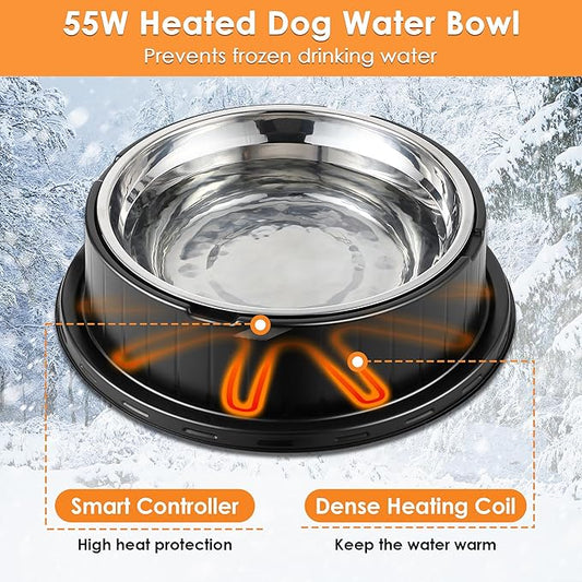 Dunkive Heated Water Bowl for Dog Cat with Thermostatic Control, 55W 80oz Removable Stainless Steel Heated Dog Pet Bowl with Anti Chew Cord