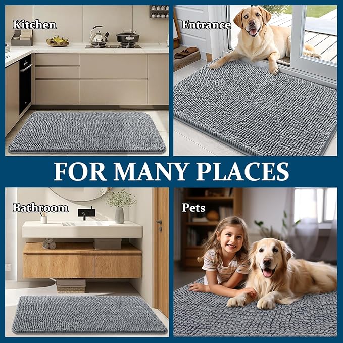 OLANLY Dog Door Mat for Muddy Paws 48x30, Absorbs Moisture and Dirt, Absorbent Non-Slip Washable Doormat, Quick Dry Chenille Mud Mat for Dogs, Entry Indoor Entryway Carpet for Inside Floor, Grey