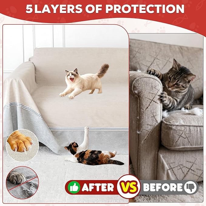 Living Room High Stretch Sofa Cover Pets Dogs Friendly, Cat Scratch Furniture Protector - Anti-Slip, Waterproof Sofa Cover to Keep Cats Off, Anti-Scratch Couch Cover for Pets and Kids 150"X91"Khaki