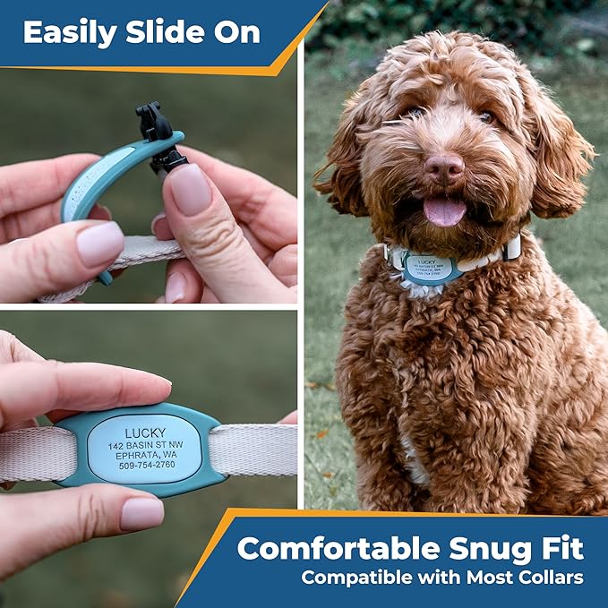 GoTags Silent Dog Tag, Personalized Engraved Silicone and Cat Name Pet ID Tags, Soundless Quiet Slide On Nameplate for Collars, No More Jingling Tags (Blue, Large)