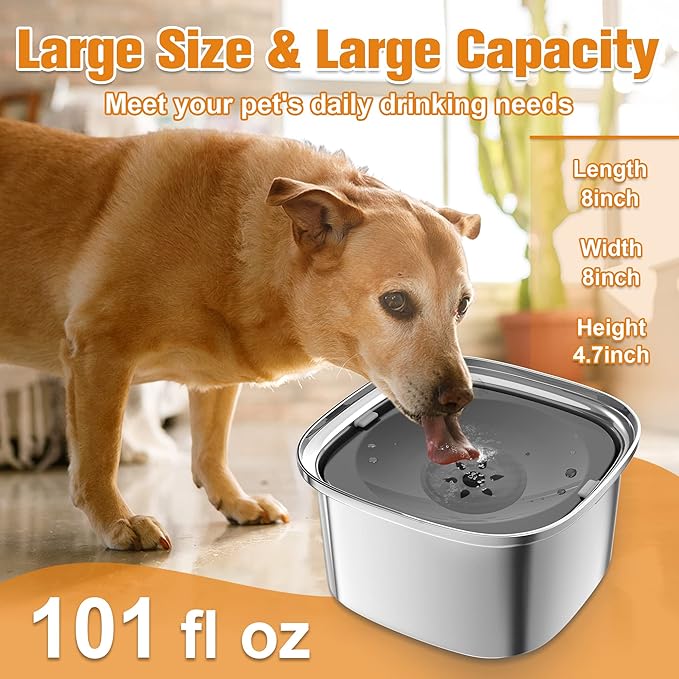 Decflow 3L Dog Water Bowl, Slow Water Bowl for Dogs, No Spill Water Bowl for Dogs, Spill Proof, No Splash Dog Water Bowl, Stainless Steel Slobber Stopper Water Bowl for Messy Drinkers