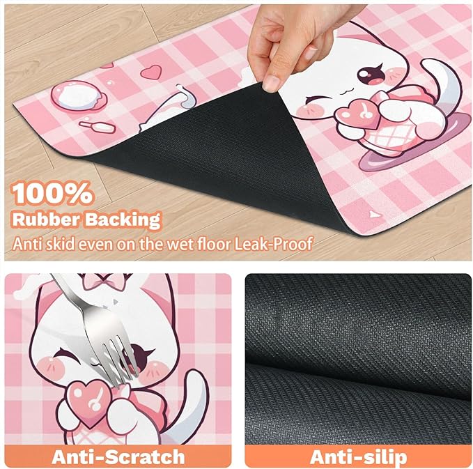 Pink Kitten Dog Food Mat,12"x20" Inches Rapid Absorbent Pet Feeding Mat,Pets Placemat Water Bowl Mats with Rubber Backing,No Stains Dog Cat Feeding Mats Indoor,Pet Accessories Supplies